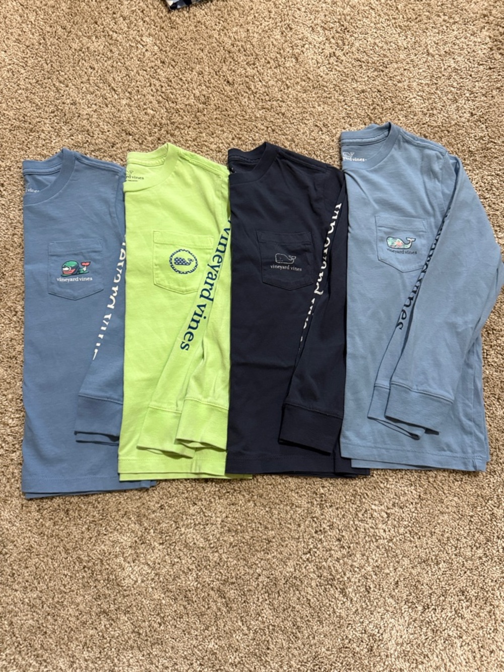 Kids Size 5 - Vineyard Vines Long Sleeve Pocket Tees - (2) Blue, Lime & Navy